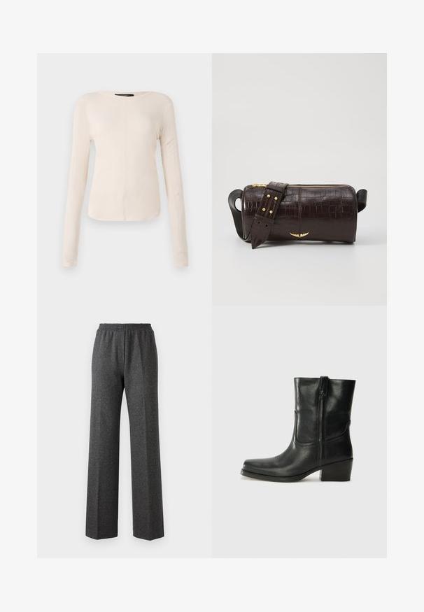 Langærmet, lys beige top med rund halsudskæring. Lavet af blødt stof, har en central søm og let buet kant. Der er ingen synlige metaldele.; Grå tekstureret bukser med brede ben og elastisk talje, der har et subtile hørhårede mønster. Blødt stof med en afslappet pasform.; Sort læder ankelstøvle med rundt tå, blokhæl, lynlås i siden og stikninger på vampsiden. Glat tekstur, klassisk design.; Brun krokodilleder taske med cylindrisk form, hardware i guld-tone, og en aftagelig rem med nitter.