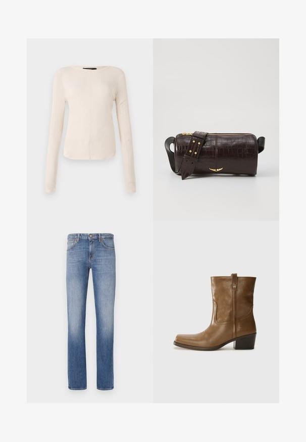 Top cu mânecă lungă, de culoare bej deschis, cu decolteu rotund. Realizat dintr-un material moale, prezintă o cusătură centrală și un tiv ușor curbat. Fără elemente de prindere vizibile.; Blugi din denim de un albastru deschis, cu un croi drept, design clasic cu cinci buzunare, detalii de decolorare subtile și accente de cusut portocalii.; Botine din piele maro, cu vârf pătrat, finisaj texturat și toc mic, îngrămădit. Prezentă un tab de tragere la spate și detalii subtile de coasere.; Geantă din piele căptușită cu un model de crocodil de culoare maro, cu o formă cilindrică, accesorii de culoare aurie și un curea detasabilă cu tăieturi.