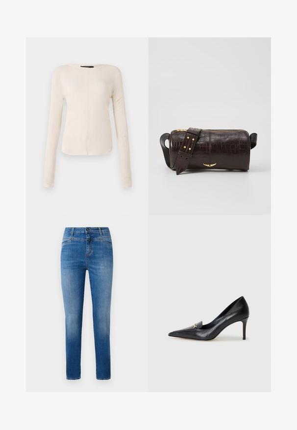 Top cu mânecă lungă, de culoare bej deschis, cu decolteu rotund. Realizat dintr-un material moale, prezintă o cusătură centrală și un tiv ușor curbat. Fără elemente de prindere vizibile.; Jeans de denim albastru clasic cu o croială dreaptă, concepuți cu o talie medie, buzunare frontale și detalii cu cusături portocalii.; Pantof cu toc din piele neagră, cu vârf ascuțit, decolteu adânc și un accent decorativ auriu. Prezintă un toc stiletto și o textură netedă.; Geantă din piele căptușită cu un model de crocodil de culoare maro, cu o formă cilindrică, accesorii de culoare aurie și un curea detasabilă cu tăieturi.
