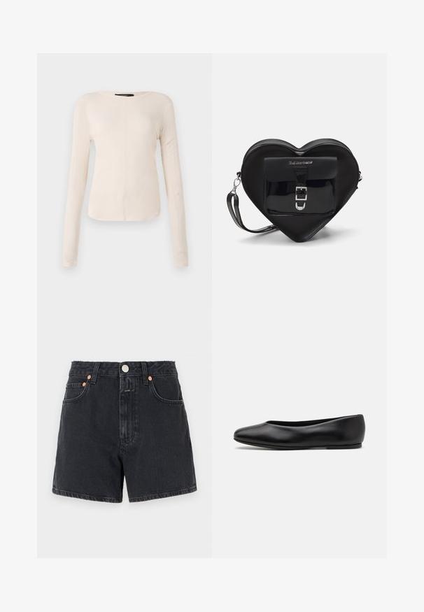 Pitkähihainen, vaaleanbeige paita, jossa on pyöreä kaula-aukko. Valmistettu pehmeästä kankaasta, jossa on keskeinen sauma ja hieman kaareva helma. Ei näkyvää metalliosaa.; CLOSED JANEY - Farkkushortsit - dark grey; Paul Smith TOPANGA - Ballerinat - black; Mustan sydämenmuotoisen laukun, joka on valmistettu lakatun nahasta, etupussissa on solki sulkeminen ja irrotettava hihna. Hopeiset kivetekstit.