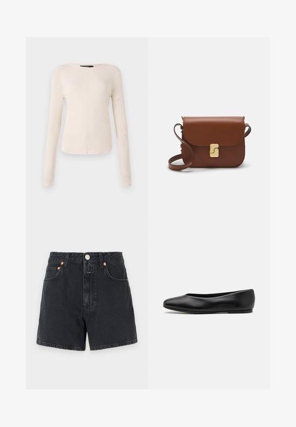 Haut à manches longues, beige clair avec un col rond. Fait dans un tissu doux, il présente une couture centrale et un ourlet légèrement courbé. Pas de métal visible.; CLOSED JANEY - Short en jean - dark grey; Paul Smith TOPANGA - Ballerines - black; Sac à main en cuir marron avec une fermeture à rabat, des accents en métal doré, une bandoulière et une texture lisse. Forme rectangulaire compacte.