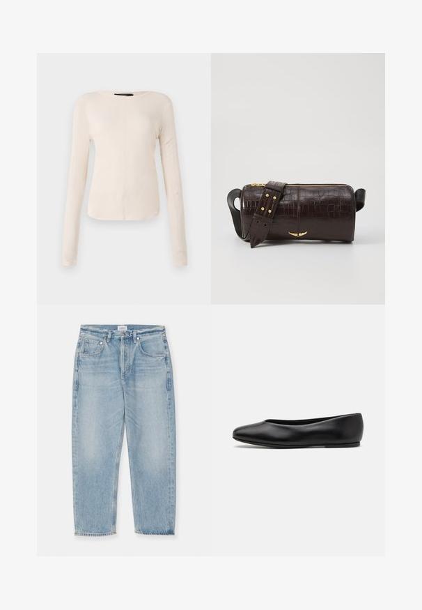 Dolga majica v svetlo bež barvi s okroglim izrezom. Narejena iz mehkega materiala, ima osrednji šiv in rahlo ukrivljen rob. Ni vidnih elementov.; Svetlo modri trapke iz denima z obrabljenim videzom, ravna noga, pet žepov in zadrgo za zapiranje. Surov rob na gležnjih.; Paul Smith TOPANGA - Balerinke - black; Brah blaženka iz rjavega usnja z embosiranim krokodilom, cilindrične oblike, zlatih kovinskih elementov in odstranljivim pasom, ki vsebuje žebljičke.