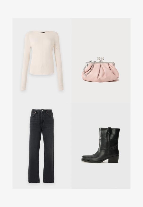 Maglietta a maniche lunghe di colore beige chiaro con scollatura rotonda. Realizzata in tessuto morbido, presenta una cucitura centrale e un orlo leggermente curvato. Senza hardware visibile.; Jeans in denim nero a gamba dritta con cinque tasche, chiusura a bottone e passanti per cintura, esposti su uno sfondo bianco.; Stivale ankle in pelle nera con punta arrotondata, tacco a blocco, cerniera laterale e dettagli in cucitura sulla tomaia. Texture liscia, design classico.; Borsa a mano in pelle rosa con design arricciato, telaio in metallo, due chiusure rotonde e tracolla in catena argentata. Texture liscia, forma compatta.