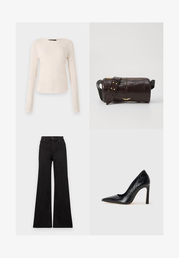 Long-sleeve, light beige top with a round neckline. Made of soft fabric, features a central seam and slightly curved hem. No visible hardware.; Black flared jeans made of denim with a high waist, featuring front pockets and metallic hardware on the button and rivets.; Black pointed-toe high heel shoe with a crocodile-skin texture, featuring a sleek design, high stiletto heel, and smooth black interior.; Brown crocodile-embossed leather bag with a cylindrical shape, gold-tone hardware, and a detachable strap featuring studs.