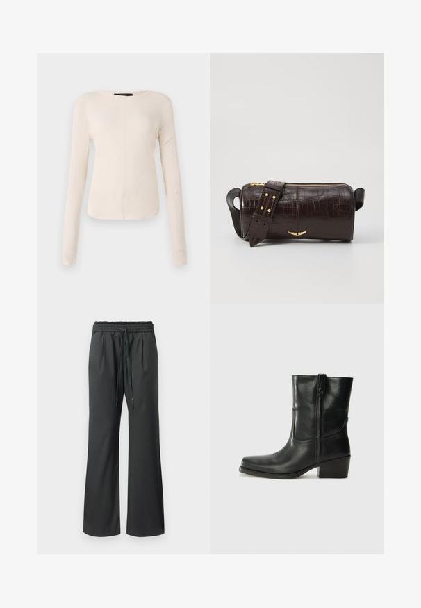 Long-sleeve, light beige top with a round neckline. Made of soft fabric, features a central seam and slightly curved hem. No visible hardware.; Black wide-leg pants with elastic waistband and long drawstrings, displayed on a plain white background.; Black leather ankle boot with a rounded toe, block heel, side zipper, and stitching accents on the vamp. Smooth texture, classic design.; Brown crocodile-embossed leather bag with a cylindrical shape, gold-tone hardware, and a detachable strap featuring studs.
