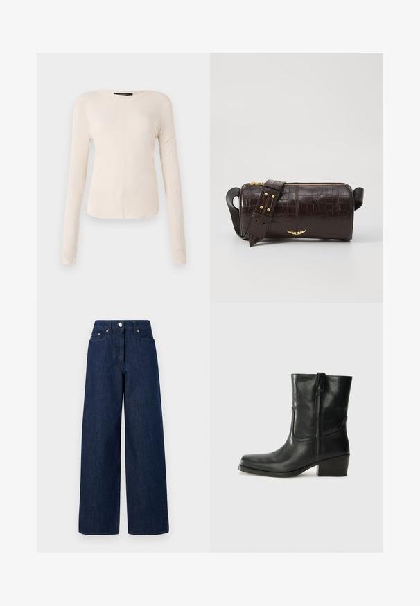 Pikkade varrukatega helesinine topp ümmarguse kaelusega. Valmistatud pehmest kangast, sisaldab keskset õmblust ja kergelt kaardus serva. Ei ole nähtavat riistvara.; Kõrgvöökohaga, tumesinised laiad teksad, millel on nööpide sulgemine, eestaskud ja vöökohahoidjad valgel taustal.; Musta nahast pahkluu saabas ümarate varvastega, plokknäppu, külgsepa ja pealsetel õmblusest aktsentidega. Sile tekstuur, klassikaline disain.; Pruunist krokodillimustrist nahast kott, millel on silindri kuju, kuldse tooni metalldetailid ja eemaldatav rihm, kus on nupud.