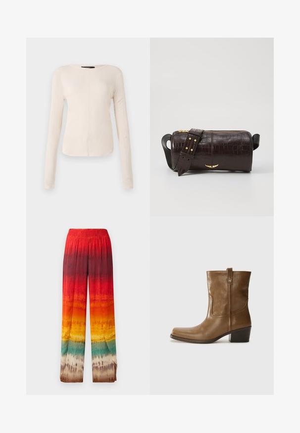 Ilgesnių rankovių, šviesiai bežinis viršus su apvaliu iškirpimu. Pagamintas iš minkštos medžiagos, turi centrinę siūlę ir šiek tiek kreivą apatinių kraštų liniją. Matomų detalių nėra.; Plati kelnės su raide, kurioje derinami raudona, oranžinė, geltona ir žalia spalvos. Pagamintos iš glotnaus, lengvo audinio su elastingu liemeniu.; Rudų odinių batų iki kulkšnies su kvadratiniu pirštu, tekstūruotu paviršiumi ir žemu sluoksniuota pakulne. Yra užpakalinis kilpas ir subtilūs siuvinėjimo detalės.; Ruda krokodilo odspaudo odinė rankinė cilindro formos, su auksinėmis detalėmis ir nuimamu dirželiu, papuoštu studelėmis.