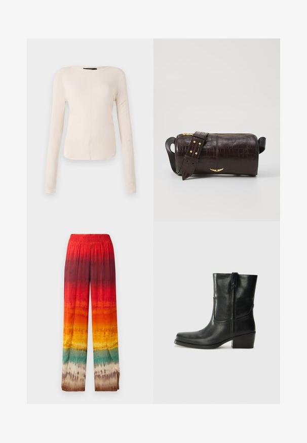 Pikkade varrukatega helesinine topp ümmarguse kaelusega. Valmistatud pehmest kangast, sisaldab keskset õmblust ja kergelt kaardus serva. Ei ole nähtavat riistvara.; Laiad püksid, millel on järk-järgult muutuv kujundus punases, oranžis, kollases ja rohelises. Valmistatud siledast ja kergest kangast, millel on elastne vöökoht.; Musta nahast pahkluu saabas ümarate varvastega, plokknäppu, külgsepa ja pealsetel õmblusest aktsentidega. Sile tekstuur, klassikaline disain.; Pruunist krokodillimustrist nahast kott, millel on silindri kuju, kuldse tooni metalldetailid ja eemaldatav rihm, kus on nupud.