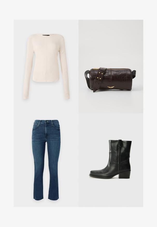 Hosszú ujjú, világos bézs blúz kerek nyakkivágással. Puha anyagból készült, középső varrással és enyhén ívelt szegéllyel rendelkezik. Nincs rajta látható fémrész.; Sötétkék farmernadrág, közepes derékvonallal, slim fit szabással és enyhén kinyúló szegéllyel, finom varrástűzéssel.; Fekete bőr bokacsizma lekerekített orral, blokk sarkúval, oldalsó cipzárral és varrásos díszítéssel az elején. Simább textúra, klasszikus dizájn.; Barna krokodilbőr hatású bőr táska henger alakú, arany tónusú fémveretekkel és lecsatolható, szegecsekkel díszített pánttal.