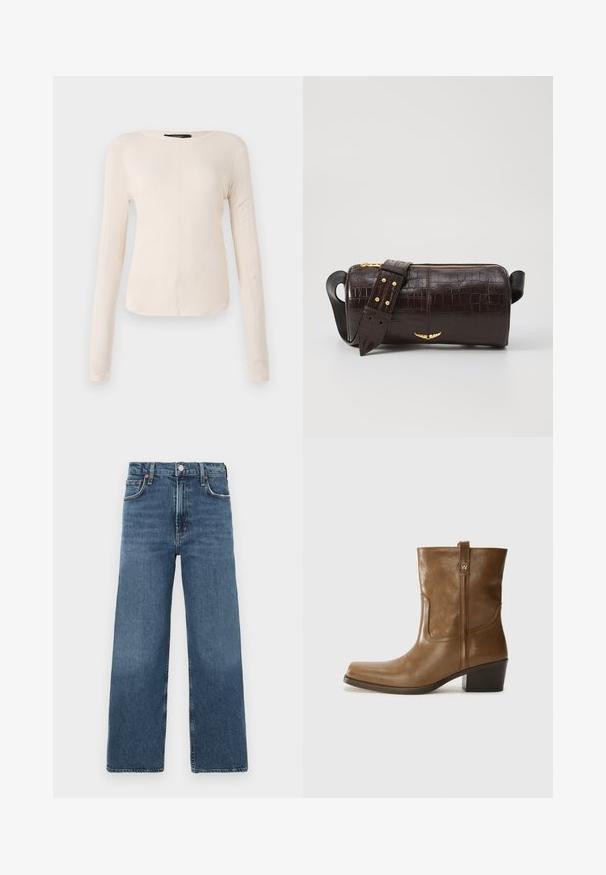 Langsleeve, lichtbeige top met een ronde halslijn. Gemaakt van zachte stof, heeft een centrale naad en een iets gebogen rand. Geen zichtbare hardware.; Hoge taille wijde spijkerbroek in medium blauw denim, met een klassieke knoopsluiting, vijf zakken en een gladde, gestructureerde afwerking.; Bruine lederen enkelboot met een vierkante neus, gestructureerde afwerking en een lage blokhak. Voorzien van een handige achterste lus en subtiele stikdetails.; Bruine krokodil-embosserende leren tas met een cilindervorm, gouden hardware en een afneembare schouderband met studs.
