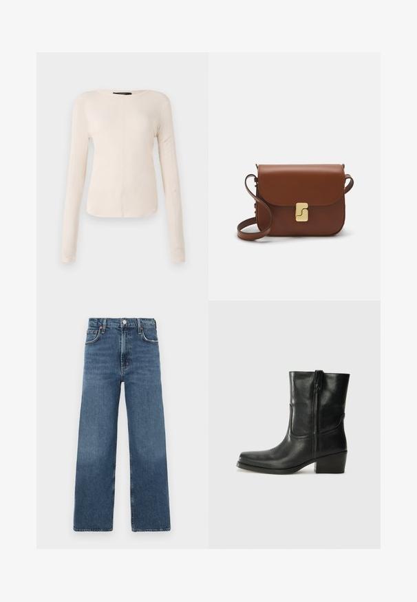 Dolga majica v svetlo bež barvi s okroglim izrezom. Narejena iz mehkega materiala, ima osrednji šiv in rahlo ukrivljen rob. Ni vidnih elementov.; Visoko pasu široke hlače iz srednje modrega denima, ki imajo klasično zapiranje z gumbom, pet žepov in gladko teksturirano površino.; Črne usnjene gležnjarje z zaobljenim nosom, blok peto, stransko zadrgo in šivanjem na vampu. Gladka tekstura, klasična zasnova.; Rjava usnjena torbica s poklopcem, zlato obarvani okovi, naramnica in gladka tekstura. Kompaktna pravokotna oblika.