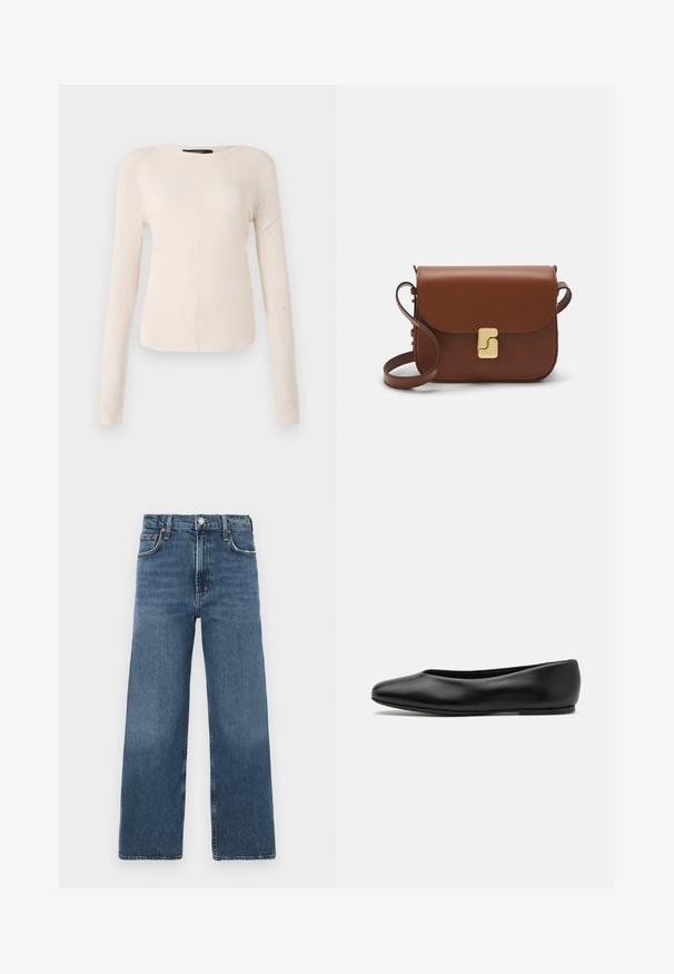 Camisola de mangas longas, bege claro, com decote redondo. Feita de um tecido macio, apresenta uma costura central e uma bainha ligeiramente curva. Sem ferragens visíveis.; Jeans de cintura alta e perna larga em denim azul médio, com um clássico fecho de botão, cinco bolsos e um acabamento suave.; Paul Smith TOPANGA - Sabrinas - black; Bolsa de couro castanho com fecho de aba, decoração em tom dourado, alça de ombro e textura suave. Formato retangular compacto.