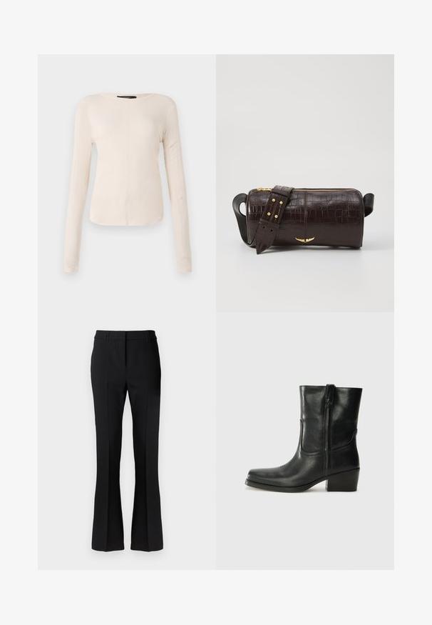 Maglietta a maniche lunghe di colore beige chiaro con scollatura rotonda. Realizzata in tessuto morbido, presenta una cucitura centrale e un orlo leggermente curvato. Senza hardware visibile.; Pantaloni neri a zampa d'elefante realizzati in un tessuto liscio, con una vita su misura e una piega frontale, progettati per una silhouette aderente.; Stivale ankle in pelle nera con punta arrotondata, tacco a blocco, cerniera laterale e dettagli in cucitura sulla tomaia. Texture liscia, design classico.; Borsa in pelle stampata a coccodrillo marrone con forma cilindrica, accessori in tonalità oro e una tracolla staccabile con borchie.