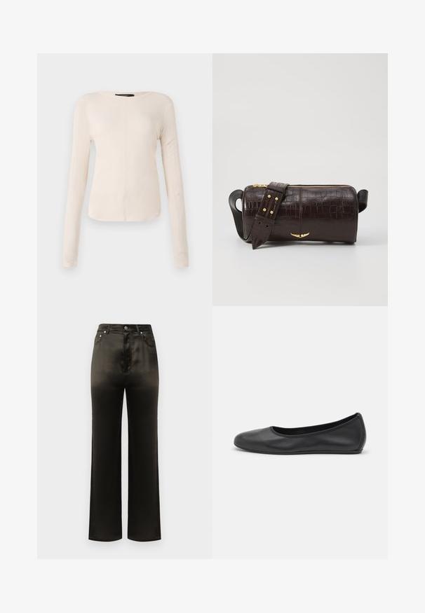 Pikkade varrukatega helesinine topp ümmarguse kaelusega. Valmistatud pehmest kangast, sisaldab keskset õmblust ja kergelt kaardus serva. Ei ole nähtavat riistvara.; Laiad mustad satiinist püksid kõrge vöökohaga, esipockets ja metallist nööbid. Sile tekstuur ja üleva kujundus.; Musthave mustika tantsutossud mustast nahast, ümmarguse varbaga, siledast tekstuurist, minimaalse õmblusdetailiga ja paindliku tallakujundusega.; Pruunist krokodillimustrist nahast kott, millel on silindri kuju, kuldse tooni metalldetailid ja eemaldatav rihm, kus on nupud.