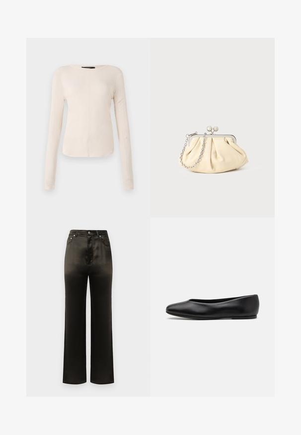 Dugih rukava, svijetlo bež majica s okruglim izrezom. Izrađena od mekanog materijala, ima središnji šav i blago zakrivljen rub. Nema vidljivih metalnih dijelova.; Široke crne satenske hlače s visokim strukom, s prednjim džepovima i metalnim dugmadima. Glatka textura i elegantan dizajn.; Paul Smith TOPANGA - Balerinke - black; Nabrana bež kožna torbica s srebrnim metalnim okvirom, koja sadrži dva okrugla dekorativna kopčanja i srebrnu lančanu naramenicu.