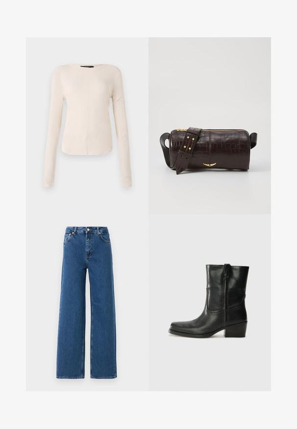 Pikkade varrukatega helesinine topp ümmarguse kaelusega. Valmistatud pehmest kangast, sisaldab keskset õmblust ja kergelt kaardus serva. Ei ole nähtavat riistvara.; Tumed kõrge vöökohaga laiad teksapüksid, millel on ees nööp ja tõmblukk, ees taskud ja vööaasad valgel taustal.; Musta nahast pahkluu saabas ümarate varvastega, plokknäppu, külgsepa ja pealsetel õmblusest aktsentidega. Sile tekstuur, klassikaline disain.; Pruunist krokodillimustrist nahast kott, millel on silindri kuju, kuldse tooni metalldetailid ja eemaldatav rihm, kus on nupud.