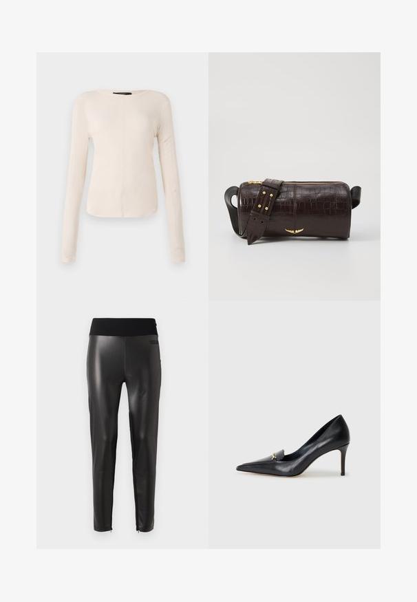 Camisola de mangas longas, bege claro, com decote redondo. Feita de um tecido macio, apresenta uma costura central e uma bainha ligeiramente curva. Sem ferragens visíveis.; Calças pretas em faux leather com um design elegante, apresentando uma ampla cintura elástica e bainhas com fecho de correr para um ajuste ajustável.; Sapatilha de couro preto com bico fino, vamp baixo e um detalhe decorativo em ouro. Apresenta um salto agulha e uma textura suave.; Bolsa de couro com textura de crocodilo na cor marrom, com forma cilíndrica, metalizações em tom dourado e uma alça destacável com tachas.