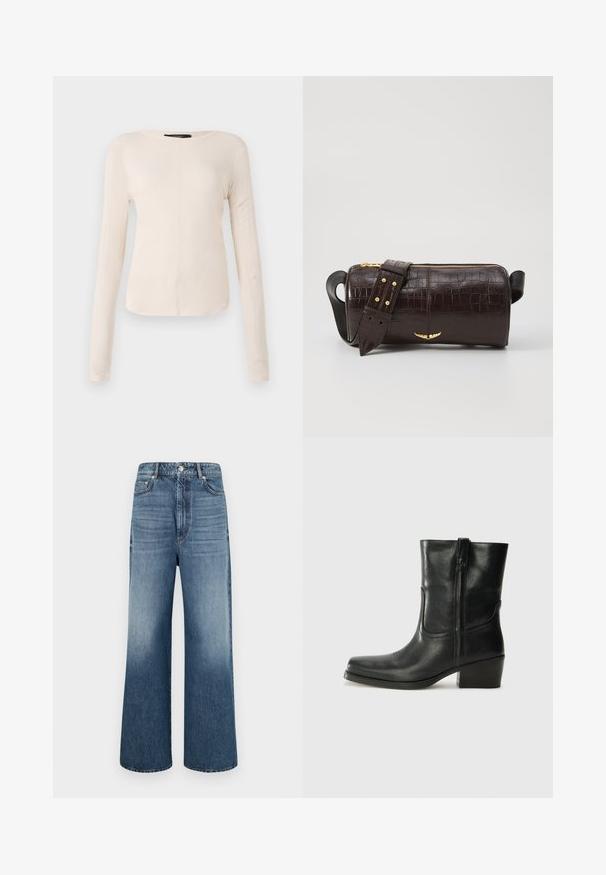 Hosszú ujjú, világos bézs blúz kerek nyakkivágással. Puha anyagból készült, középső varrással és enyhén ívelt szegéllyel rendelkezik. Nincs rajta látható fémrész.; Széles szárú farmernadrág világoskék denim anyagból. Gombos zárás, öt zseb és enyhe kopás jellemzi. Tiszta dizájn, egyenes fazon.; Fekete bőr bokacsizma lekerekített orral, blokk sarkúval, oldalsó cipzárral és varrásos díszítéssel az elején. Simább textúra, klasszikus dizájn.; Barna krokodilbőr hatású bőr táska henger alakú, arany tónusú fémveretekkel és lecsatolható, szegecsekkel díszített pánttal.
