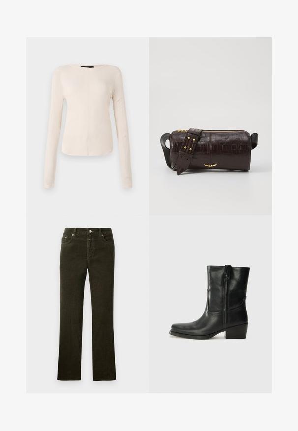 Top de manga larga, color beige claro, con cuello redondo. Fabricado en un tejido suave, presenta una costura central y un dobladillo ligeramente curvado. Sin herrajes visibles.; Pantalones de pana de pierna recta en color verde oliva oscuro con diseño de cinco bolsillos, botón de metal y cremallera. Textura suave con patrón de cordones visible.; Botín negro de cuero hasta el tobillo con punta redondeada, tacón cuadrado, cremallera lateral y detalles de costura en el empeine. Textura suave, diseño clásico.; Bolso de cuero marrón con estampado de cocodrilo, de forma cilíndrica, con herrajes en tono dorado y una correa desmontable con tachuelas.