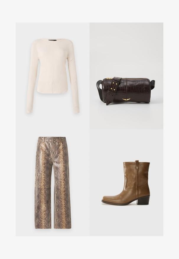 Langärmliges, hellbeiges Oberteil mit rundem Ausschnitt. Aus weichem Stoff gefertigt, verfügt es über eine zentrale Naht und einen leicht geschwungenen Saum. Keine sichtbaren Beschläge.; Schlangenprint-Hosen in Braun und Beige, mit einem weit geschnittenen Design, glatter Textur und kontrastierendem Musterstoff für einen mutigen Look.; Braune Leder-Ankle-Boots mit quadratischer Zehenform, strukturiertem Finish und niedrigem, gestapeltem Absatz. Ausgestattet mit einer Zuglasche auf der Rückseite und dezenten Stickdetails.; Braune, krokodilgeprägte Lederhandtasche mit zylindrischer Form, goldfarbener Hardware und einem abnehmbaren Tragegurt mit Nieten.