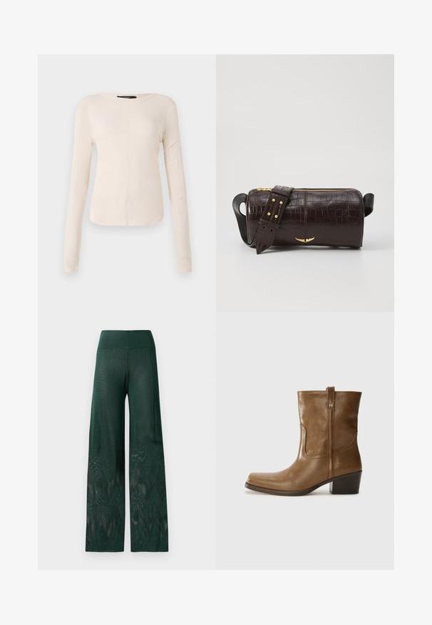 Langærmet, lys beige top med rund halsudskæring. Lavet af blødt stof, har en central søm og let buet kant. Der er ingen synlige metaldele.; Grønne vide bukser i let mesh med et zigzag-mønster forneden. Har en glat linning for komfort.; Brun læder ankelstøvle med firkantet tå, tekstureret overflade og en lav stablet hæl. Har en bageste hælflap og subtile syningsdetaljer.; Brun krokodilleder taske med cylindrisk form, hardware i guld-tone, og en aftagelig rem med nitter.