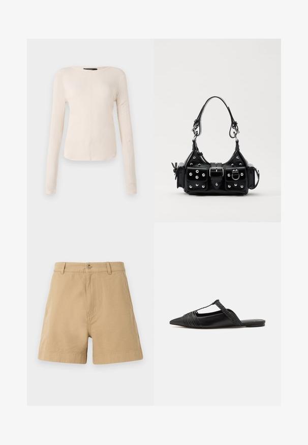 Ilgi piedurkņu, gaiši bēšas krāsas blūze ar apaļu dekoltē. Izgatavota no mīksta auduma, ar centrālo šuvi un nedaudz izliekta apakšmala. Nav redzamu papildus elementu.; Beige šorti, kas izgatavoti no kokvilnas, ar klasisku dizainu, priekšējā pogu aizdare un jostas cilpiņām. Gluda tekstūra ar sānu kabatām.; Melnas ādas slingback kurpes ar norādītu purngali, kurām ir austoša akcenta un krokota augšdaļa. Plakana zole ar minimālu aparatūru.; Melnas ādas rokturmais ar izliekumu, ar sudraba iedurtiem, sprādzi un divām sānu kabatām. Regulējams siksniņas garums dažādām nēsāšanas iespējām.