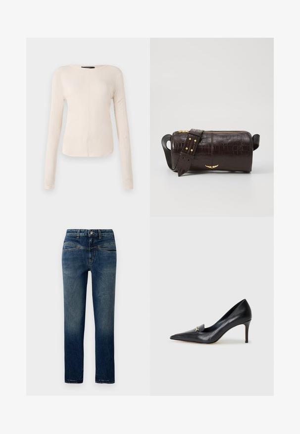 Camisola de mangas longas, bege claro, com decote redondo. Feita de um tecido macio, apresenta uma costura central e uma bainha ligeiramente curva. Sem ferragens visíveis.; Jeans de ganga azul-escuro com corte reto, apresentando um desbotado leve, costura laranja e fecho de botão na cintura.; Sapatilha de couro preto com bico fino, vamp baixo e um detalhe decorativo em ouro. Apresenta um salto agulha e uma textura suave.; Bolsa de couro com textura de crocodilo na cor marrom, com forma cilíndrica, metalizações em tom dourado e uma alça destacável com tachas.