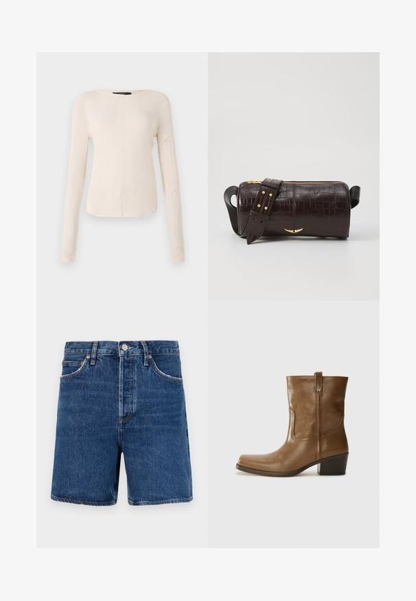 Hosszú ujjú, világos bézs blúz kerek nyakkivágással. Puha anyagból készült, középső varrással és enyhén ívelt szegéllyel rendelkezik. Nincs rajta látható fémrész.; Sötétkék farmer rövidnadrág klasszikus szabással, öt zsebbel, gombos záródással és kontrasztos narancs varrási részletekkel.; Barna bőrből készült bokacsizma négyzet alakú orral, texturált felülettel és alacsony, rakott sarkával. Hátsó húzófüllel és finom varrási részletekkel rendelkezik.; Barna krokodilbőr hatású bőr táska henger alakú, arany tónusú fémveretekkel és lecsatolható, szegecsekkel díszített pánttal.