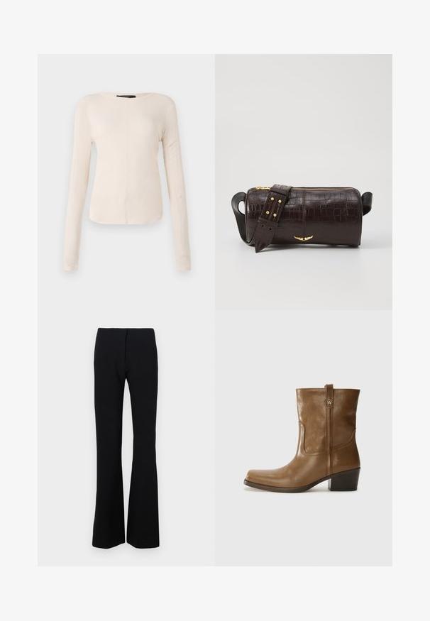 Ilgi piedurkņu, gaiši bēšas krāsas blūze ar apaļu dekoltē. Izgatavota no mīksta auduma, ar centrālo šuvi un nedaudz izliekta apakšmala. Nav redzamu papildus elementu.; Melnas izplūdušas bikses no elastīga auduma ar gludu tekstūru un pieguļošu vidukli. Bez redzamām aizdarēm vai rakstiem.; Brūnas ādas potītes zābaki ar kvadrātveida degunu, struktūru apdari un zemu sakrautu papēdi. Ir aizmugurējais cilpiņu un smalkas šūšanas detaļas.; Brūna krokodila ādas soma ar cilindrisku formu, zelta toni aparatūru un noņemamu siksnu ar studiem.