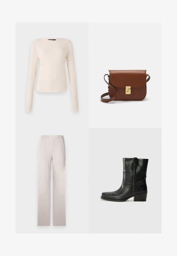 Pitkähihainen, vaaleanbeige paita, jossa on pyöreä kaula-aukko. Valmistettu pehmeästä kankaasta, jossa on keskeinen sauma ja hieman kaareva helma. Ei näkyvää metalliosaa.; Vaaleanbeige leveälahkeiset housut, jotka on valmistettu teksturoidusta materiaalista. Niissä on joustava vyötärö ja sileä viimeistely. Muotoiltu, suora siluetti.; Musta nahkasaapas nilkkamittaisella varrella, pyöreällä kärjellä, lohkarekorolla, sivuvetoketjulla ja ompeluaksentilla varren yläosassa. Suora pinta, klassinen muotoilu.; Ruskea nahkainen käsilaukku, jossa on läppäkiinnitys, kultasävyiset yksityiskohdat, olkahihna ja sileä pinta. Kompaktin suorakaiteen muotoinen.