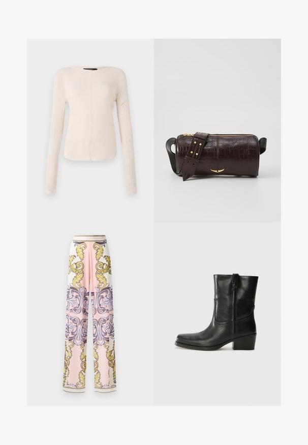 Långärmad, ljusbeige topp med rund halsringning. Tillverkad i mjukt material, har en central söm och något rundad nederkant. Inga synliga detaljer.; Breda byxorna är gjorda av lättviktsmaterial och har en rosa och vit färgskala med utsmyckade gula och blå barockmönster och guldfärgade accenter.; Svart läderankelboot med rund tå, blockklack, sidodragkedja och sömmar på ovandelen. Slät textur, klassisk design.; Brun kroko präglat läderväska med cylindrisk form, guldfärgad hårdvara och ett avtagbart band med nitar.