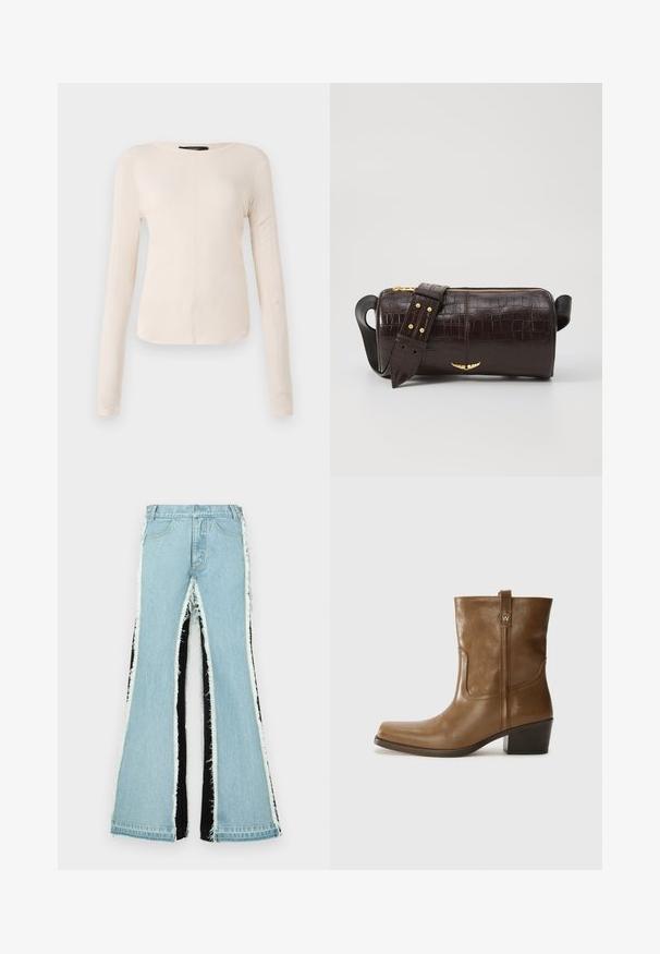 Pitkähihainen, vaaleanbeige paita, jossa on pyöreä kaula-aukko. Valmistettu pehmeästä kankaasta, jossa on keskeinen sauma ja hieman kaareva helma. Ei näkyvää metalliosaa.; Vaaleansiniset väljät farkut mustilla sivupaneeleilla, riiputetuilla reunoilla ja korkealla vyötärödesignilla. Ominaisuuksiin kuuluvat tavalliset taskut ja vyölenkit.; Ruske nahkasaappaat nilkkamittaisella leikkauksella, neliönmuotoisella kärjellä, teksturoidulla pinnalla ja alhaisella pinottavalla korolla. Varustettu takana olevan vetotarran ja huomaamattomilla ompeleilla.; Ruskea krokotiilinkuosilla varustettu nahkalaukku, jossa on sylinterimäinen muoto, kultasävyiset yksityiskohdat ja irrotettava hihna, jossa on niittejä.