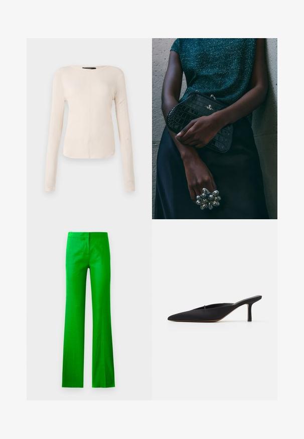 Langsleeve, lichtbeige top met een ronde halslijn. Gemaakt van zachte stof, heeft een centrale naad en een iets gebogen rand. Geen zichtbare hardware.; Felle groene, uitlopende broeken van een gladde stof, met een vlakke voorkant en zonder zichtbare zakken. Schoon, minimalistisch ontwerp.; Zwarte muiltje met spitse neus en een strak ontwerp, gemaakt van gladde stof, met een slanke hak en open achterkant voor gemakkelijk aan- en uittrekken.; Zwarte clutch met krokodillenpatroon en zilverkleurige hardware, vastgehouden tegen een gestructureerde grijze achtergrond. Heeft een glanzend oppervlak.