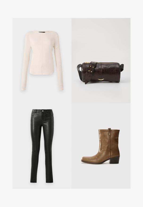 Camisola de mangas longas, bege claro, com decote redondo. Feita de um tecido macio, apresenta uma costura central e uma bainha ligeiramente curva. Sem ferragens visíveis.; Calças de couro pretas com um design ajustado, textura suave, cintura a meia altura e detalhes de costura discretos. Apresenta bolsos frontais e botão de metal.; Bota de tornozelo em couro castanho com bico quadrado, acabamento texturizado e salto baixo em camadas. Apresenta uma alça na parte de trás e detalhes de costura discretos.; Bolsa de couro com textura de crocodilo na cor marrom, com forma cilíndrica, metalizações em tom dourado e uma alça destacável com tachas.