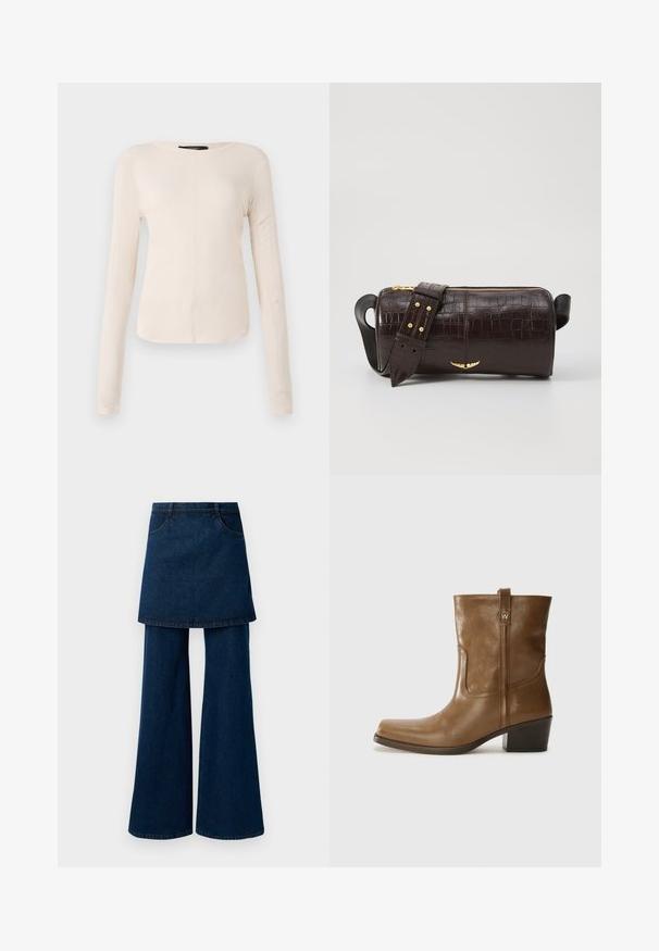 Pitkähihainen, vaaleanbeige paita, jossa on pyöreä kaula-aukko. Valmistettu pehmeästä kankaasta, jossa on keskeinen sauma ja hieman kaareva helma. Ei näkyvää metalliosaa.; Tummansiniset farkut, joissa on kerroksellinen hamekerros, leveät lahkeet ja taskut, viimeistelty siistillä helmaa ja klassisella ompeleella.; Ruske nahkasaappaat nilkkamittaisella leikkauksella, neliönmuotoisella kärjellä, teksturoidulla pinnalla ja alhaisella pinottavalla korolla. Varustettu takana olevan vetotarran ja huomaamattomilla ompeleilla.; Ruskea krokotiilinkuosilla varustettu nahkalaukku, jossa on sylinterimäinen muoto, kultasävyiset yksityiskohdat ja irrotettava hihna, jossa on niittejä.