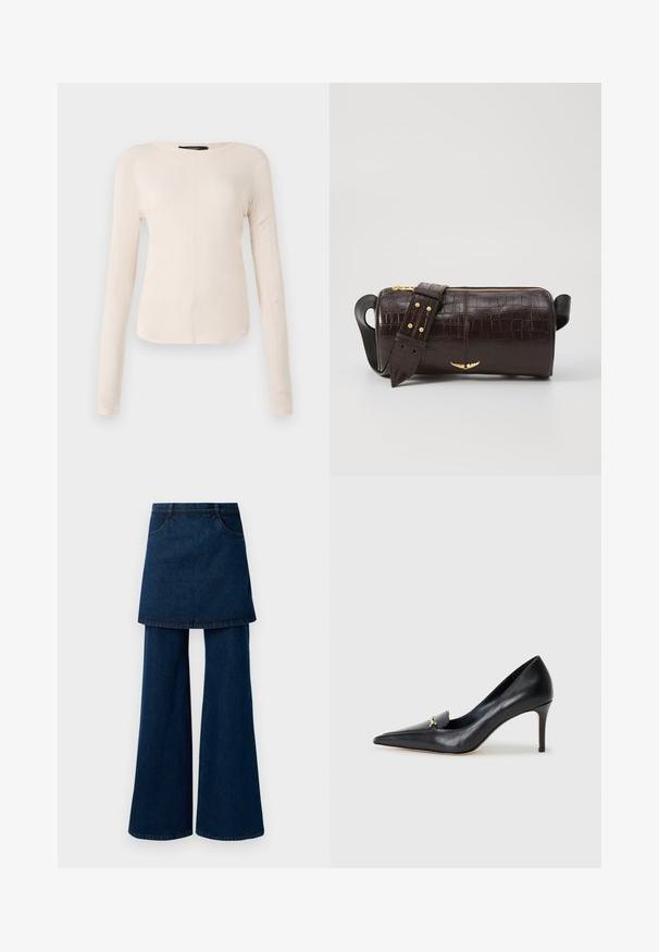 Top cu mânecă lungă, de culoare bej deschis, cu decolteu rotund. Realizat dintr-un material moale, prezintă o cusătură centrală și un tiv ușor curbat. Fără elemente de prindere vizibile.; Jeans din denim închis cu un overlay dintr-o fustă stratificată, având picioare largi și buzunare, finisate cu un tiv curat și cusături clasice.; Pantof cu toc din piele neagră, cu vârf ascuțit, decolteu adânc și un accent decorativ auriu. Prezintă un toc stiletto și o textură netedă.; Geantă din piele căptușită cu un model de crocodil de culoare maro, cu o formă cilindrică, accesorii de culoare aurie și un curea detasabilă cu tăieturi.