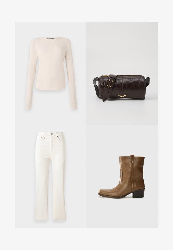 Dugih rukava, svijetlo bež majica s okruglim izrezom. Izrađena od mekanog materijala, ima središnji šav i blago zakrivljen rub. Nema vidljivih metalnih dijelova.; Bijele traperice s visokim strukom, u obliku zvona, sa patentnim zatvaračem, pet džepova i suptilnim detaljima šavova. Tkanina ima glatku teksturu.; Smeđa kožna cipela do gležnja sa četvrtastim vrhom, teksturiranim finišem i niskim složenim potpeticom. Ima stražnju petlju za navlačenje i suptilne detalje šivanja.; Smeđa torba od kože s embosiranim krokodilskim uzorkom, cilindričnog oblika, zlatne hardverske detalje i odvojivu naramenicu sa čavlima.