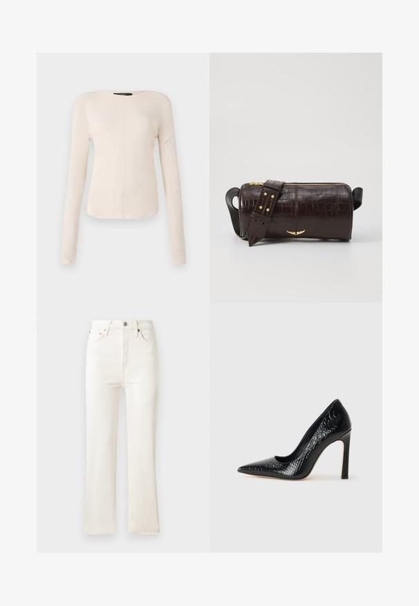 Ilgesnių rankovių, šviesiai bežinis viršus su apvaliu iškirpimu. Pagamintas iš minkštos medžiagos, turi centrinę siūlę ir šiek tiek kreivą apatinių kraštų liniją. Matomų detalių nėra.; Aukštai juosmeniai balti džinsai su platėjančiomis klešnėmis, užtrauktuku, penkiomis kišenėmis ir subtiliu siuvinėjimu. Audinys turi glotnią tekstūrą.; Juoda smailiakulnė aukšto kulno bateliai su krokodilo odos tekstūra, pasižymintys elegantišku dizainu, aukštu stiletu kulnu ir lygia juoda vidine dalimi.; Ruda krokodilo odspaudo odinė rankinė cilindro formos, su auksinėmis detalėmis ir nuimamu dirželiu, papuoštu studelėmis.