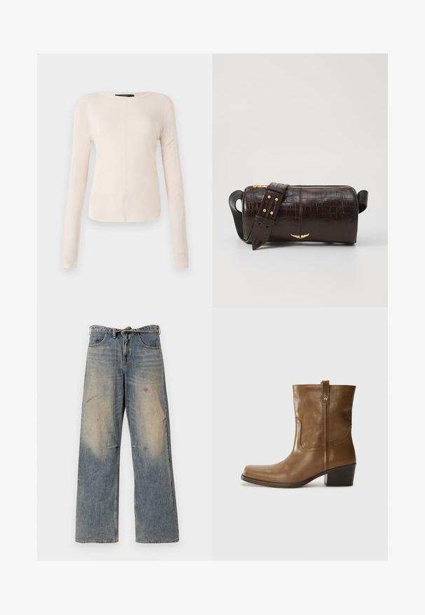 Langsleeve, lichtbeige top met een ronde halslijn. Gemaakt van zachte stof, heeft een centrale naad en een iets gebogen rand. Geen zichtbare hardware.; Lichtblauwe denim jeans met een losse, recht gesneden pasvorm. Voorzien van slijtageplekken, vervaging en distressed details bij de knieën. Klassiek five-pocket ontwerp.; Bruine lederen enkelboot met een vierkante neus, gestructureerde afwerking en een lage blokhak. Voorzien van een handige achterste lus en subtiele stikdetails.; Bruine krokodil-embosserende leren tas met een cilindervorm, gouden hardware en een afneembare schouderband met studs.