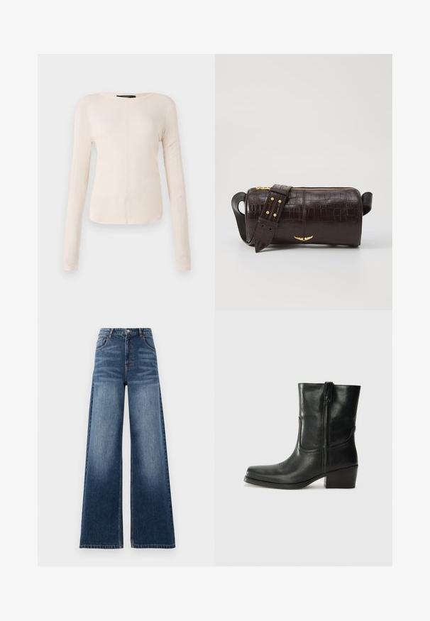 Pikkade varrukatega helesinine topp ümmarguse kaelusega. Valmistatud pehmest kangast, sisaldab keskset õmblust ja kergelt kaardus serva. Ei ole nähtavat riistvara.; Laiad joped denimist keskmiselt sinises toonis, kõrge vöökohaga, pleekimise detailidega ja klassikalise viie tasku disainiga, millel on õmmeldud aktsendid.; Musta nahast pahkluu saabas ümarate varvastega, plokknäppu, külgsepa ja pealsetel õmblusest aktsentidega. Sile tekstuur, klassikaline disain.; Pruunist krokodillimustrist nahast kott, millel on silindri kuju, kuldse tooni metalldetailid ja eemaldatav rihm, kus on nupud.