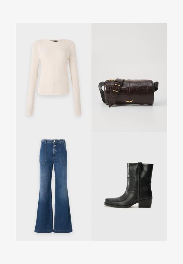 Dlouhý rukáv, světle béžový top s kulatým výstřihem. Vyrobeno z jemné látky, má středový šev a mírně zaoblený lem. Bez viditelné kovové úpravy.; Džíny s vysokým pasem a širokými nohavicemi ve středně modré denimu s vybledlým efektem. Mají našité kapsy a zapínání na knoflík. Čistý lem.; Černá kožená kotníková bota s kulatou špičkou, blokovým podpatkem, bočním zipem a prošíváním na svršku. Hladký povrch, klasický design.; Hnědá kabelka z krokodýlí kůže s embosováním, cylindrického tvaru, se zlacenými kovovými prvky a odnímatelným popruhem se hroty.