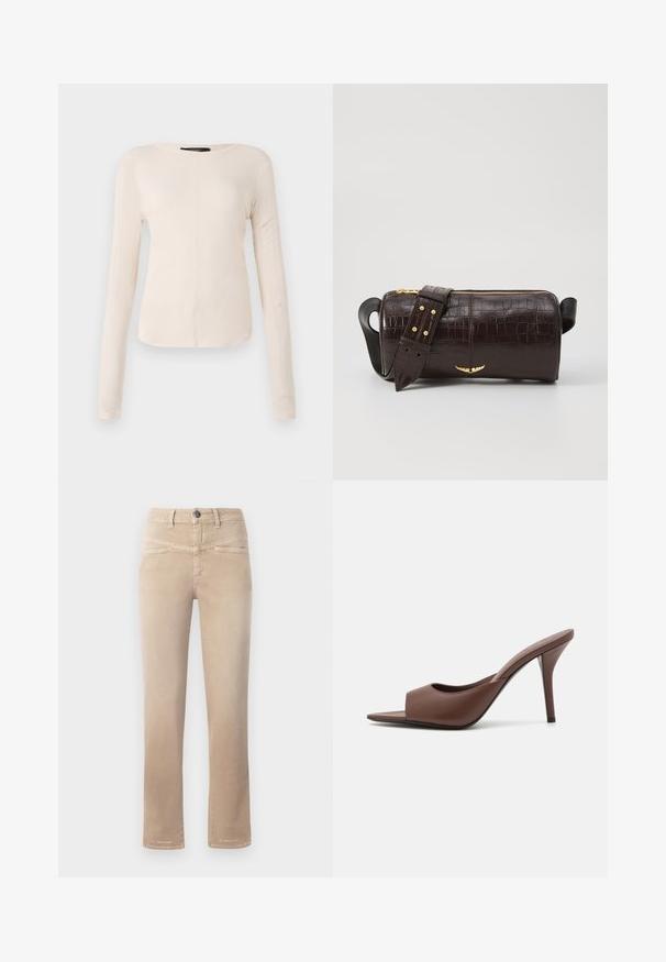 Top cu mânecă lungă, de culoare bej deschis, cu decolteu rotund. Realizat dintr-un material moale, prezintă o cusătură centrală și un tiv ușor curbat. Fără elemente de prindere vizibile.; Jeans bej cu croi drept, fabricate dintr-un material moale, dotate cu închidere frontală cu nasture, două buzunare frontale și detalii de cusătură subtile.; Mule-uri din piele maro, cu vârf deschis și toc înalt, cu un design elegant, având o curea frontală lată și un toc subțire de tip stiletto.; Geantă din piele căptușită cu un model de crocodil de culoare maro, cu o formă cilindrică, accesorii de culoare aurie și un curea detasabilă cu tăieturi.