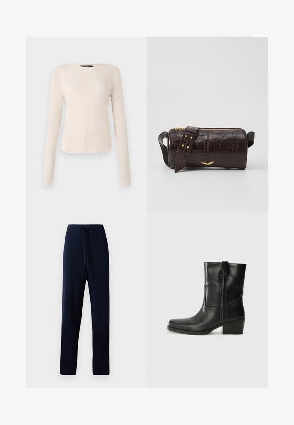 Dlhý rukáv, svetlo béžový top s okrúhlym výstrihom. Vyrobený z mäkkej látky, má stredový šev a mierne zakrivený spodný okraj. Bez viditeľného hardvéru.; Námornícke modré nohavice vyrobené z jemného materiálu, s elastickým pásom, rovnými nohavicami a hladkou textúrou bez vzorov alebo doplnkov.; Čierne kožené členkové topánky s okrúhlou špičkou, blokovým podpätkom, bočným zipsom a prešívaním na priehlavku. Hladká textúra, klasický dizajn.; Hnedá taška z kože s embosovaným vzorom krokodíla, cylindrického tvaru, so zlatými hardvérovými doplnkami a odnímateľným popruhom so štítkami.