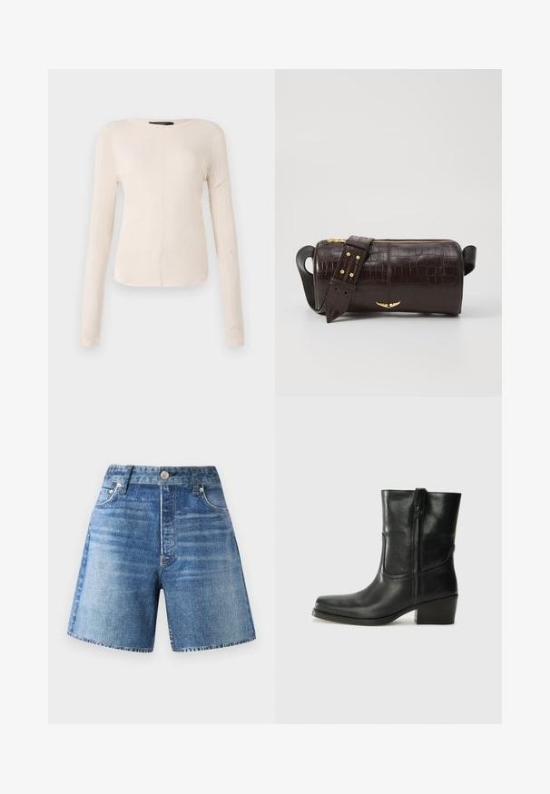 Dolga majica v svetlo bež barvi s okroglim izrezom. Narejena iz mehkega materiala, ima osrednji šiv in rahlo ukrivljen rob. Ni vidnih elementov.; Denim kratke hlače v svetlo modri pranjeni barvi z visokim pasom, petimi žepi in gumbom za zapiranje, z bledim izgledom in surovim robom.; Črne usnjene gležnjarje z zaobljenim nosom, blok peto, stransko zadrgo in šivanjem na vampu. Gladka tekstura, klasična zasnova.; Brah blaženka iz rjavega usnja z embosiranim krokodilom, cilindrične oblike, zlatih kovinskih elementov in odstranljivim pasom, ki vsebuje žebljičke.