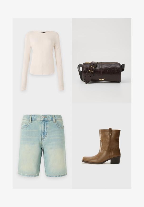 Pikkade varrukatega helesinine topp ümmarguse kaelusega. Valmistatud pehmest kangast, sisaldab keskset õmblust ja kergelt kaardus serva. Ei ole nähtavat riistvara.; Heledad sinised teksashortsid, millel on kulunud viimistlus, viie taskuga disain, nähtavad õmblused ja metallne nupp vöökoha sulgemiseks.; Pruun nahkne ankle boot ruudukujulise varbaga, tekstuuriga viimistluse ja madala virnastatud kontsaga. Sisaldab taga tõmbeaasat ja peeneid õmbluse detaile.; Pruunist krokodillimustrist nahast kott, millel on silindri kuju, kuldse tooni metalldetailid ja eemaldatav rihm, kus on nupud.