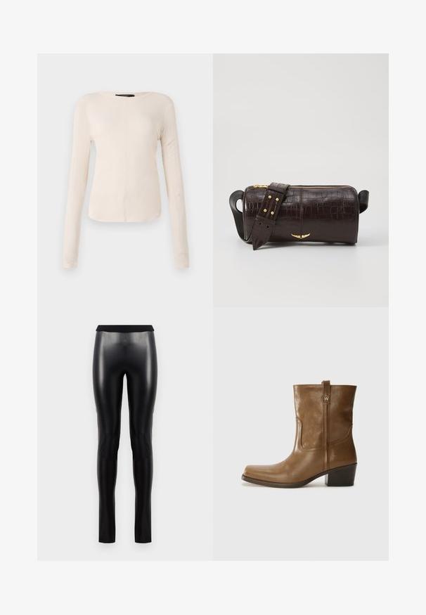 Långärmad, ljusbeige topp med rund halsringning. Tillverkad i mjukt material, har en central söm och något rundad nederkant. Inga synliga detaljer.; Svarta imitation läder leggings med en slät yta, figurnära siluett och bred midjeresår. Inga synliga sömmar eller mönster.; Brun läderankelsk boot med fyrkantig tå, texturerad yta och låg staplad klack. Har en bakre dragflik och subtila sömnadsdetaljer.; Brun kroko präglat läderväska med cylindrisk form, guldfärgad hårdvara och ett avtagbart band med nitar.