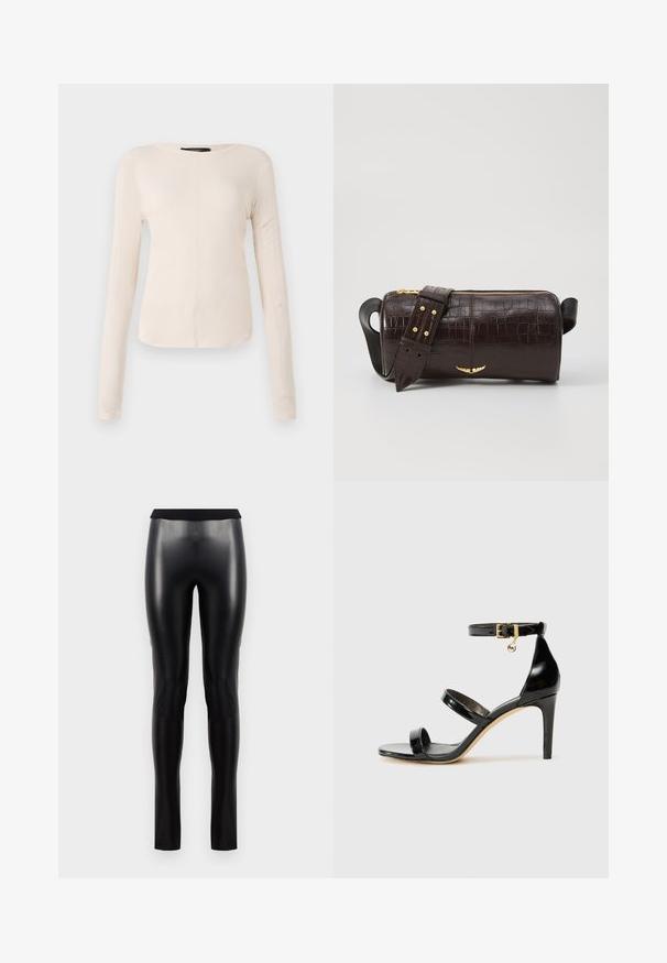 Dlhý rukáv, svetlo béžový top s okrúhlym výstrihom. Vyrobený z mäkkej látky, má stredový šev a mierne zakrivený spodný okraj. Bez viditeľného hardvéru.; Čierne legíny z faux kože s hladkou textúrou, priliehavým strihom a širokým pásom. Žiadne viditeľné švy ani vzory.; Čierne lakované sandále s tromi pásikmi, spona na členku a 10 cm ihlovým podpätkom. Obsahujú zlaté detaily s hardwarem a logo prívesok.; Hnedá taška z kože s embosovaným vzorom krokodíla, cylindrického tvaru, so zlatými hardvérovými doplnkami a odnímateľným popruhom so štítkami.
