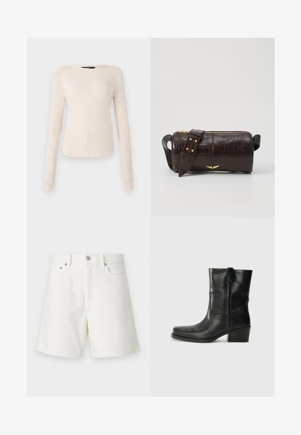 Top de manga larga, color beige claro, con cuello redondo. Fabricado en un tejido suave, presenta una costura central y un dobladillo ligeramente curvado. Sin herrajes visibles.; Shorts de mezclilla blanca con corte recto, diseño de cinco bolsillos, cierre frontal con botón, herrajes plateados y detalles de costura.; Botín negro de cuero hasta el tobillo con punta redondeada, tacón cuadrado, cremallera lateral y detalles de costura en el empeine. Textura suave, diseño clásico.; Bolso de cuero marrón con estampado de cocodrilo, de forma cilíndrica, con herrajes en tono dorado y una correa desmontable con tachuelas.