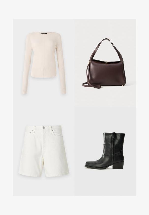 Hosszú ujjú, világos bézs blúz kerek nyakkivágással. Puha anyagból készült, középső varrással és enyhén ívelt szegéllyel rendelkezik. Nincs rajta látható fémrész.; Fehér farmer sort egyenes szabással, öt zsebbel, elülső gombos záródással, ezüst színű fémrészletekkel és varrt díszítéssel.; Fekete bőr bokacsizma lekerekített orral, blokk sarkúval, oldalsó cipzárral és varrásos díszítéssel az elején. Simább textúra, klasszikus dizájn.; Barna bőr kézitáska, amelynek strukturált formája van, egyetlen felső fogantyúval és levehető vállpánttal. Aranyszínű fém részletezés.