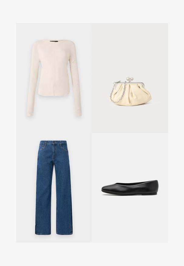 Ilgesnių rankovių, šviesiai bežinis viršus su apvaliu iškirpimu. Pagamintas iš minkštos medžiagos, turi centrinę siūlę ir šiek tiek kreivą apatinių kraštų liniją. Matomų detalių nėra.; Mėlynos aukštos juosmens plačios kojų džinsai su priekiniu ir užpakaliniu kišeniu, sagos uždarymu ir matoma siūlė ant baltos fono.; Paul Smith TOPANGA - Balerinos stiliaus laivutės - black; Plyšiniai smėlio spalvos odiniai rankinukai su sidabriniu metaliniu rėmu, turintys du apvalius dekoratyvinius užtrauktukus ir sidabrinę grandinėlę.